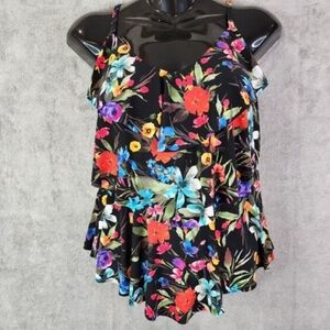 Women's Aqua Green Tiered Tankini Top Multicolor Floral Adjustable Straps